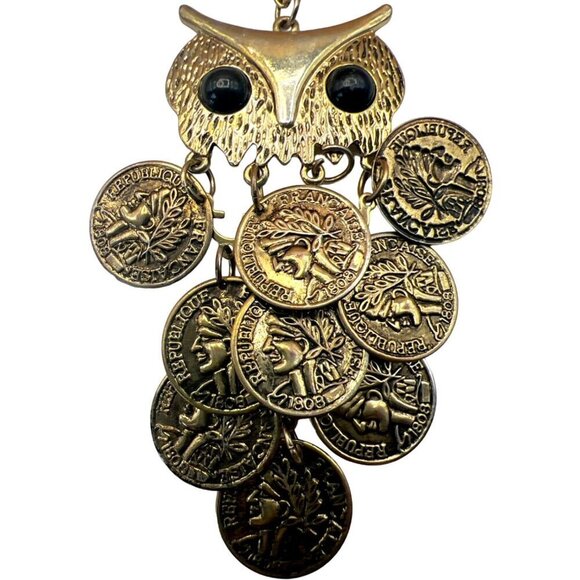 Vintage Gold-Tone Owl Pendant Necklace With French Coin Accents. N12 - Picture 7 of 10